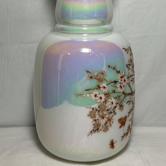 American Handblown Glass Handpainted Rare Pearl Opal Iridescent 9.5”Vase Vintage - Picture 9 of 12